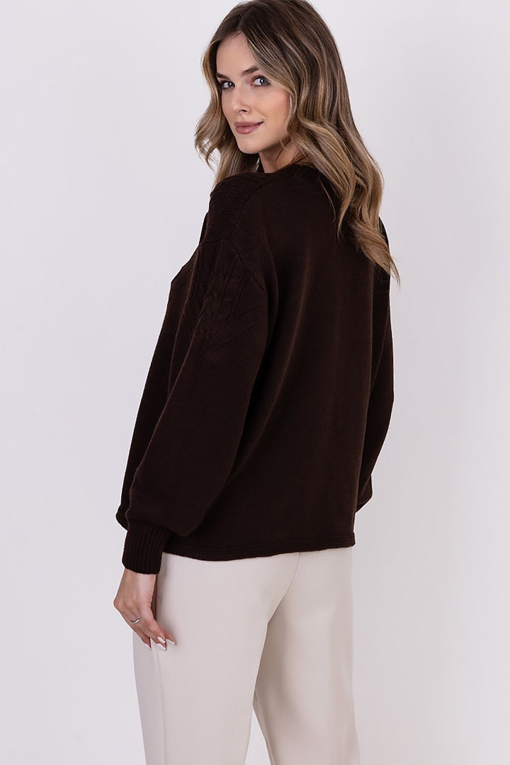 Braid Details Long Sleeve Round Neck Sweater Dark Chocolate