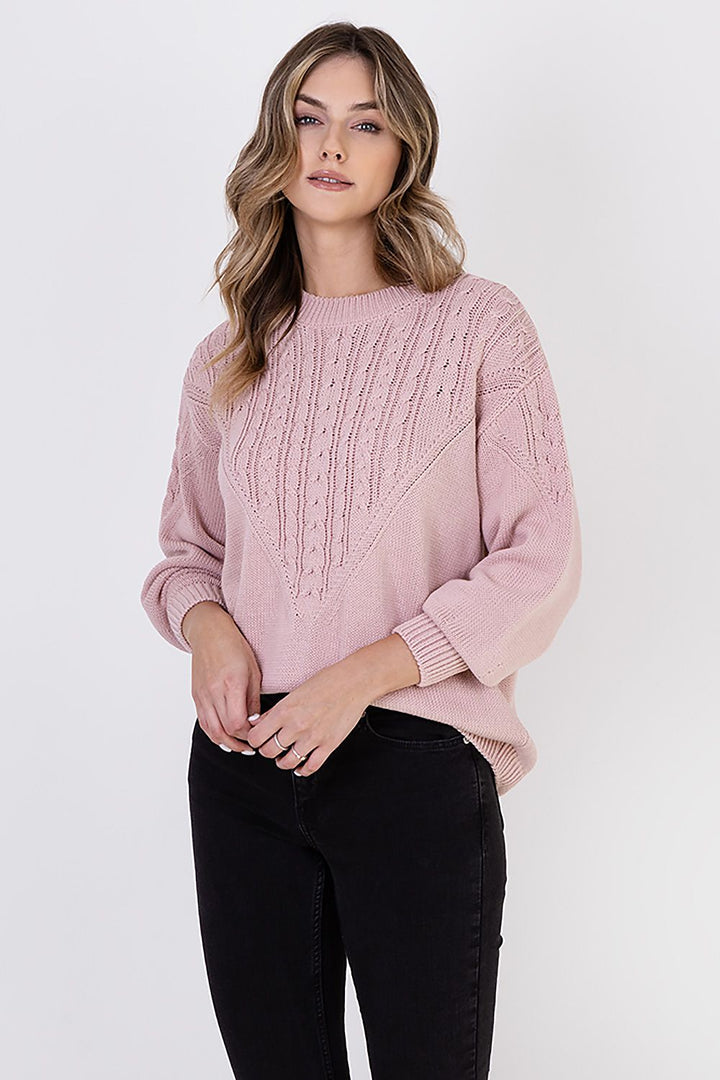 Braid Details Long Sleeve Round Neck Sweater Pale Pink