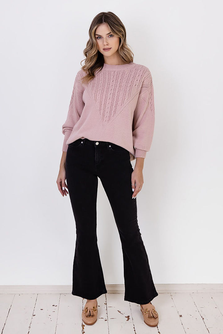 Braid Details Long Sleeve Round Neck Sweater Pale Pink