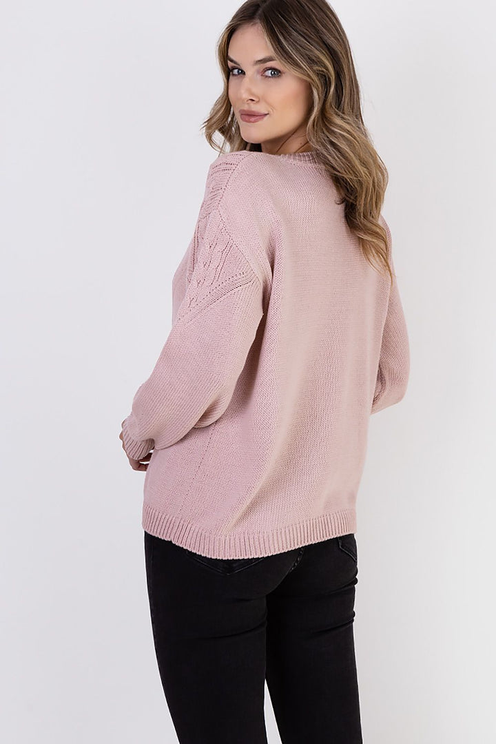 Braid Details Long Sleeve Round Neck Sweater Pale Pink