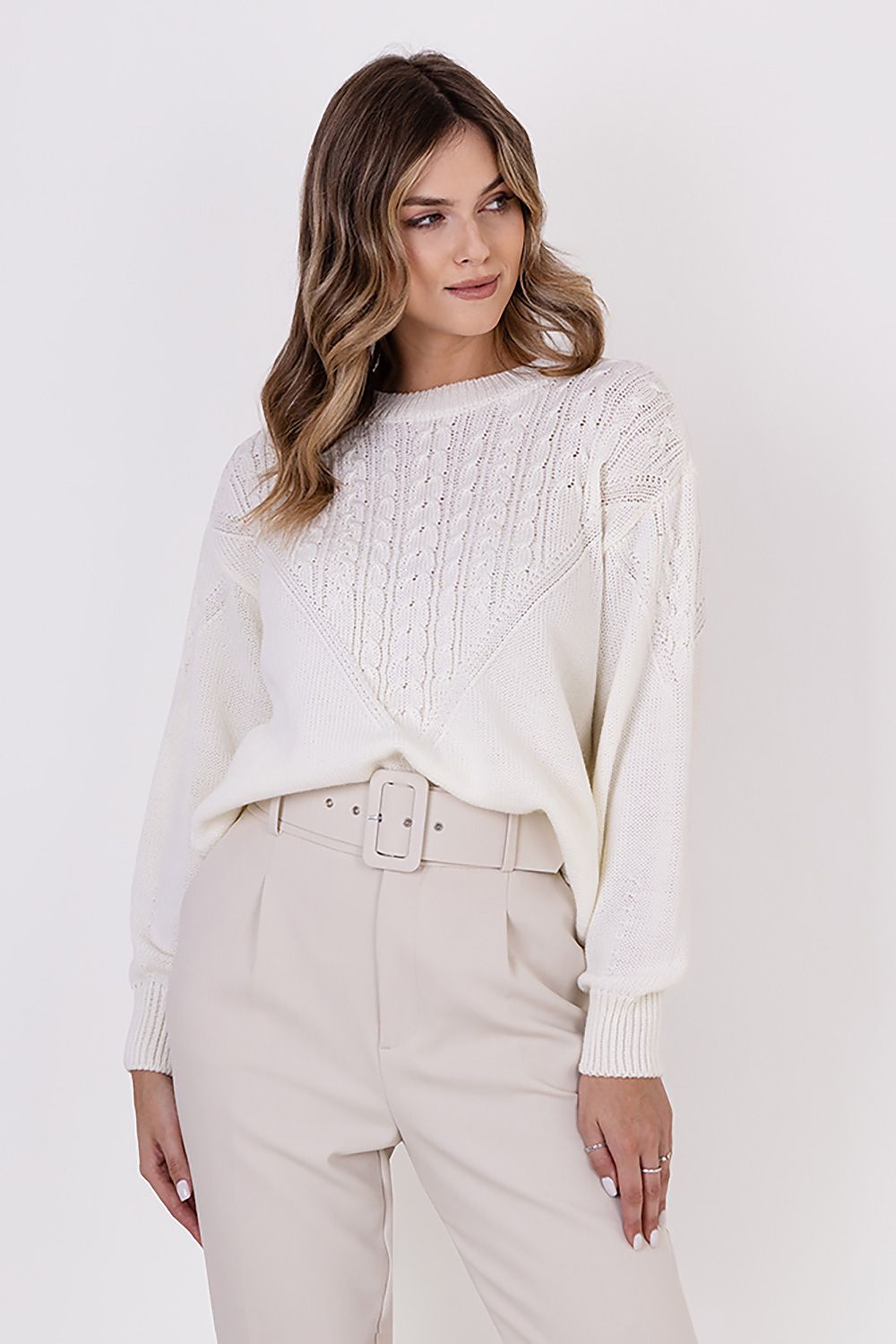 Braid Details Long Sleeve Round Neck Sweater Off White