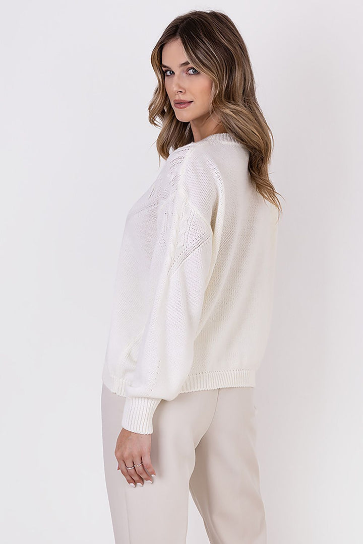 Braid Details Long Sleeve Round Neck Sweater Off White