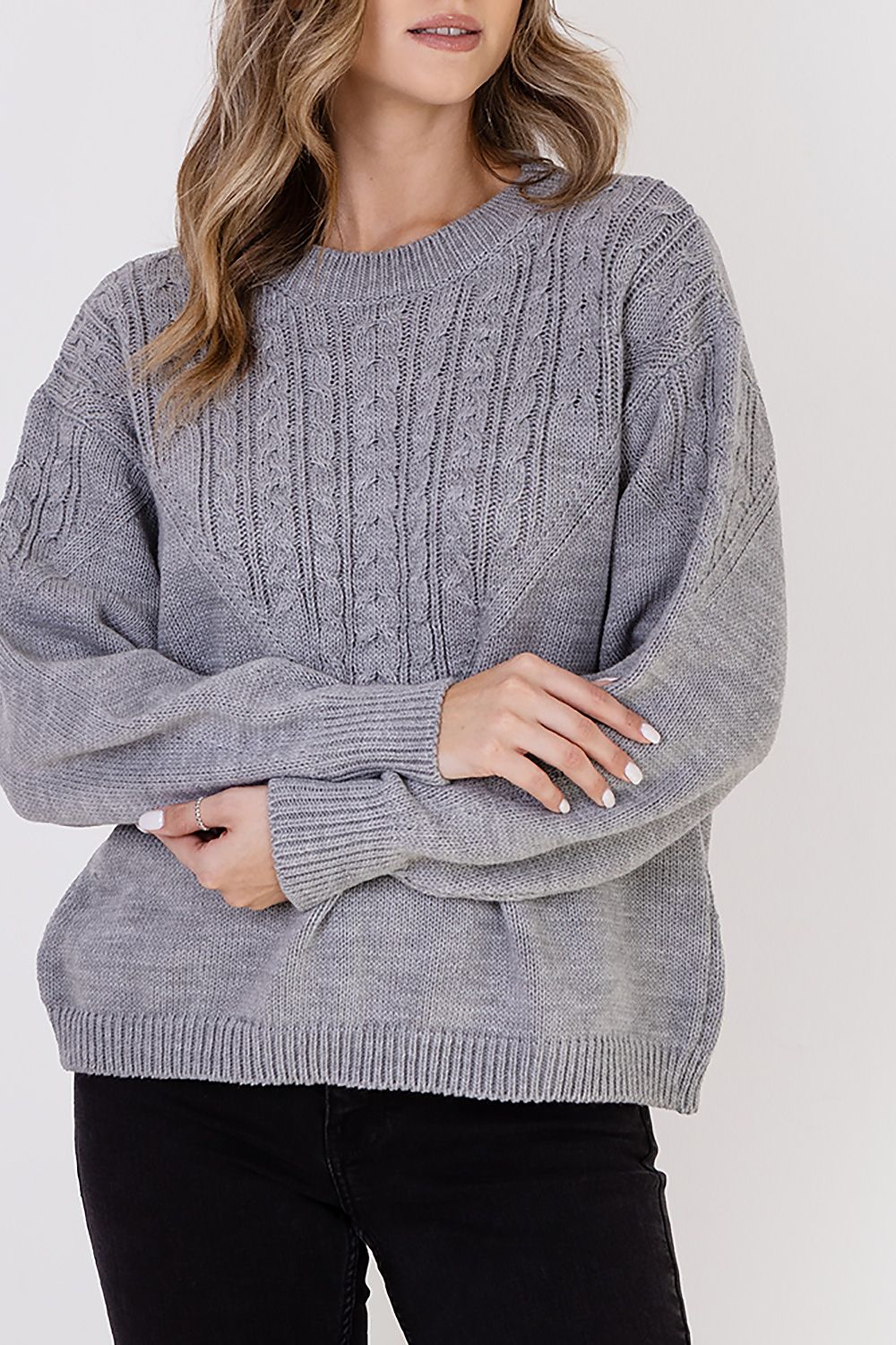 Braid Details Long Sleeve Round Neck Sweater Grey