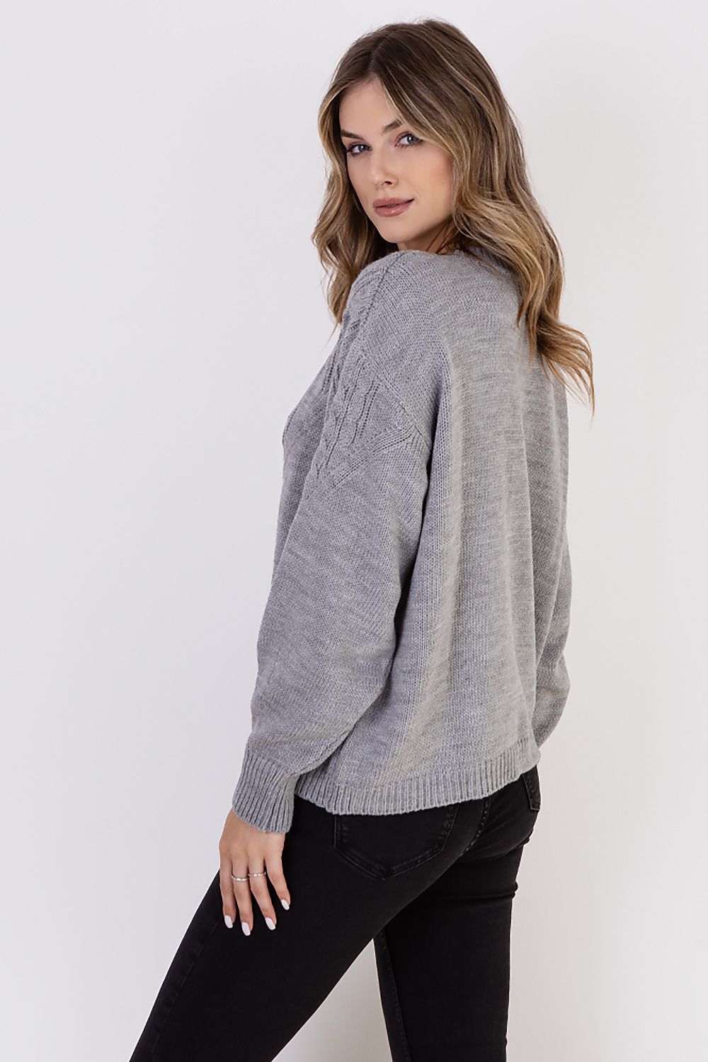 Braid Details Long Sleeve Round Neck Sweater Grey