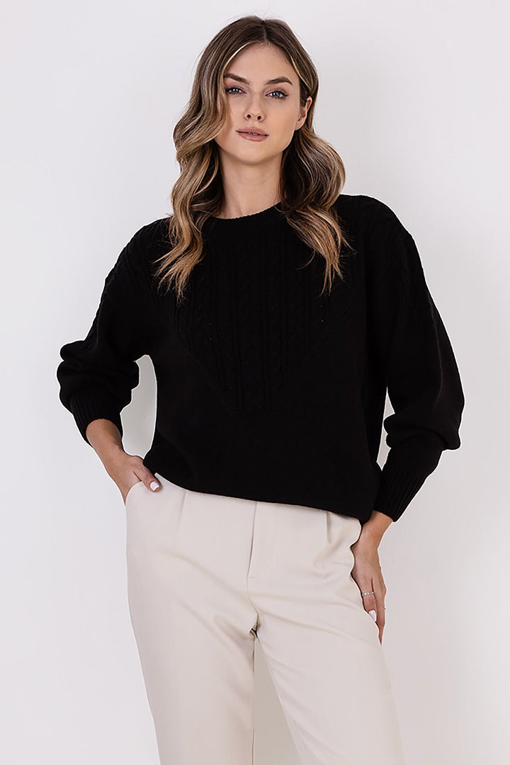 Braid Details Long Sleeve Round Neck Sweater Black