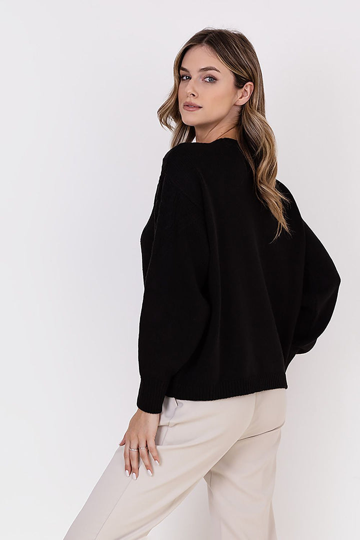 Braid Details Long Sleeve Round Neck Sweater Black