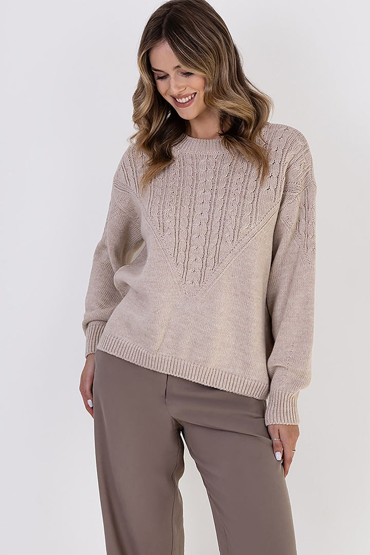 Braid Details Long Sleeve Round Neck Sweater Beige