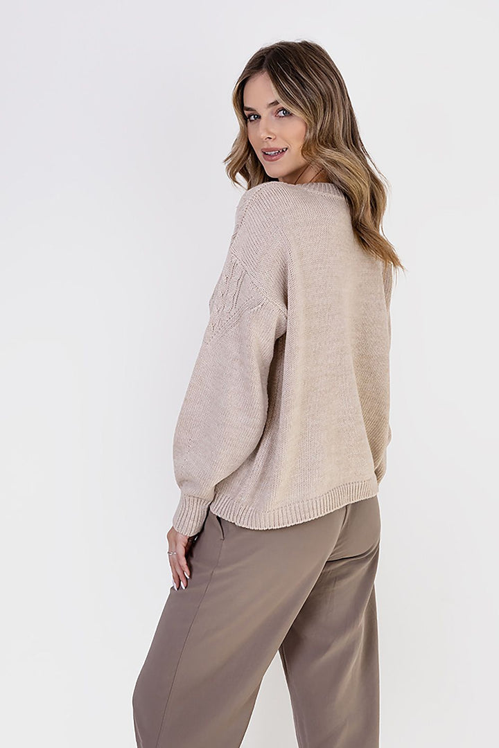 Braid Details Long Sleeve Round Neck Sweater Beige