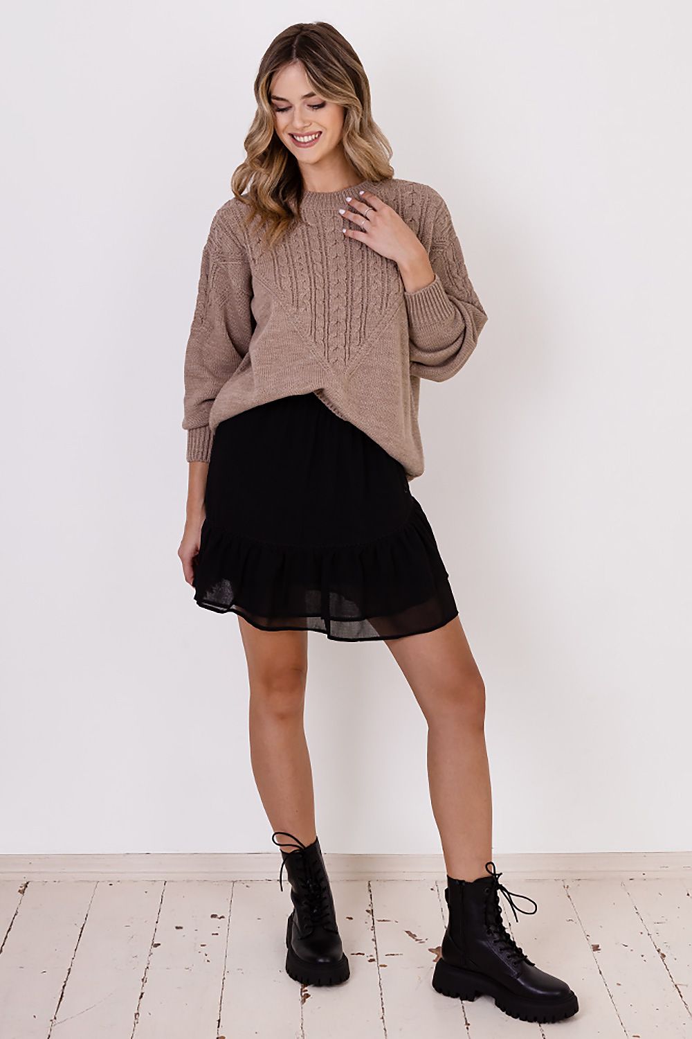 Braid Details Long Sleeve Round Neck Sweater Mocha