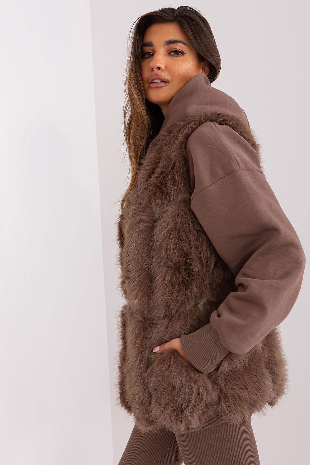 Faux Fur Vest Jacket Brown