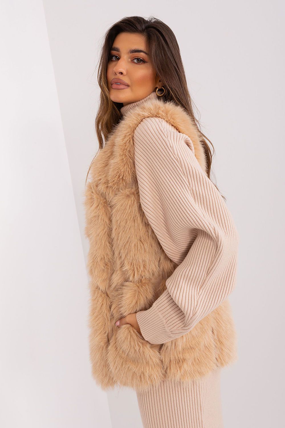 Faux Fur Vest Jacket Pale Brown