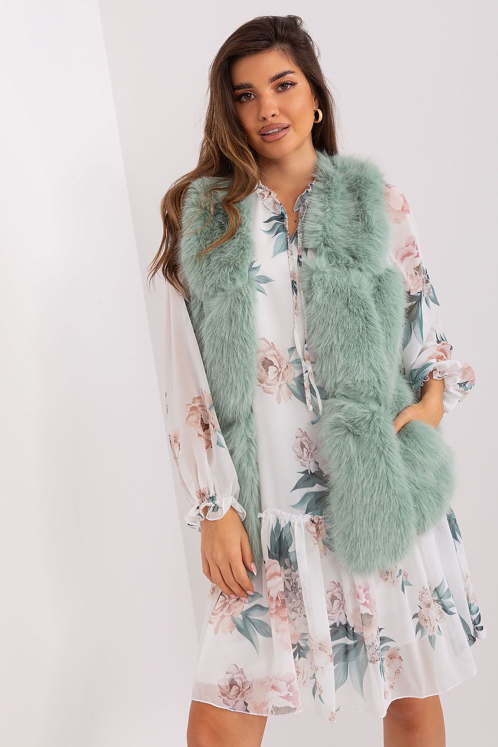 Faux Fur Vest Jacket Light Green