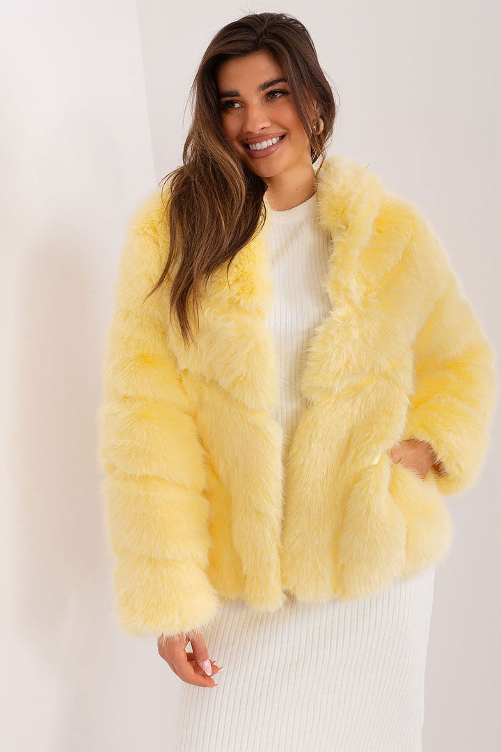 Pale Yellow Hooded Fur Jacket