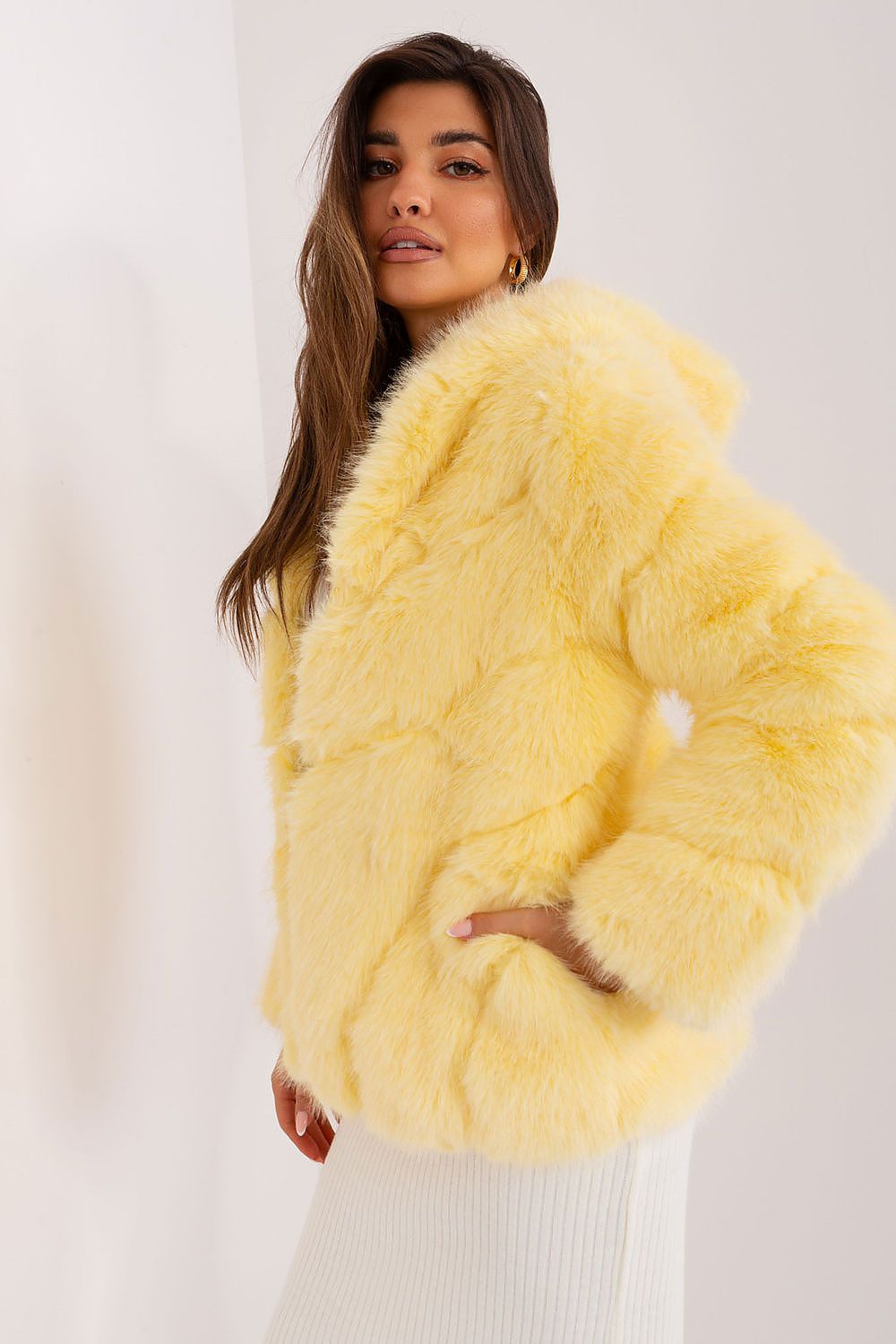 Pale Yellow Hooded Fur Jacket