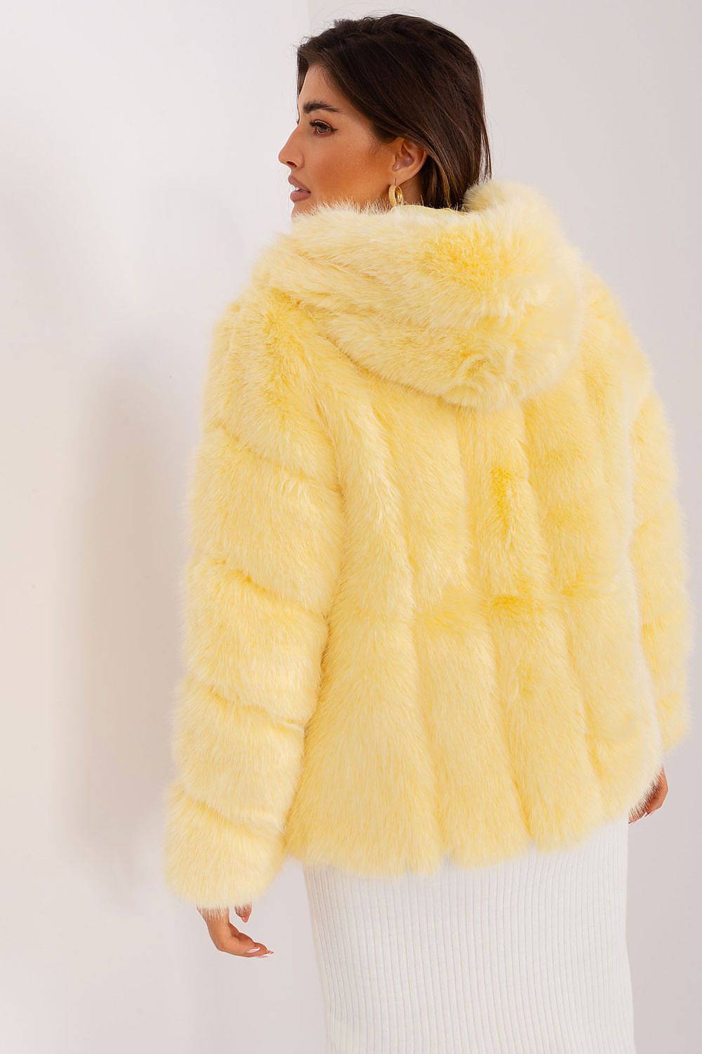 Pale Yellow Hooded Fur Jacket