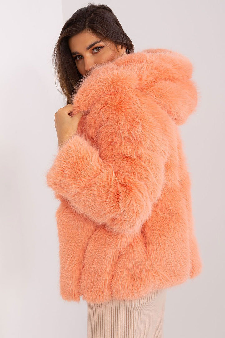 Pale Orange Hooded Fur Jacket