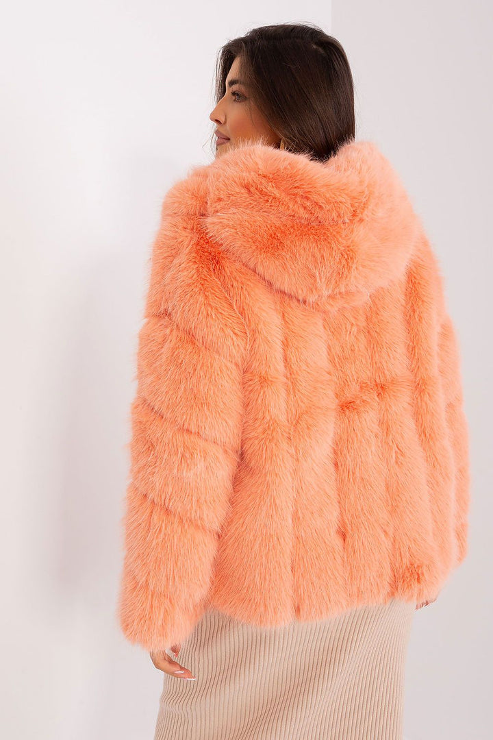 Pale Orange Hooded Fur Jacket