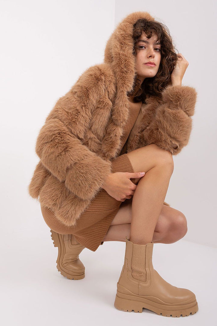 Hooded Jacket Faux Fur Light Brown