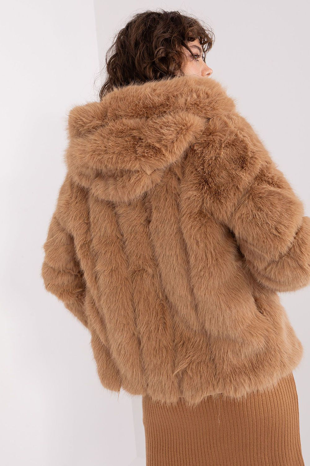 Hooded Jacket Faux Fur Light Brown