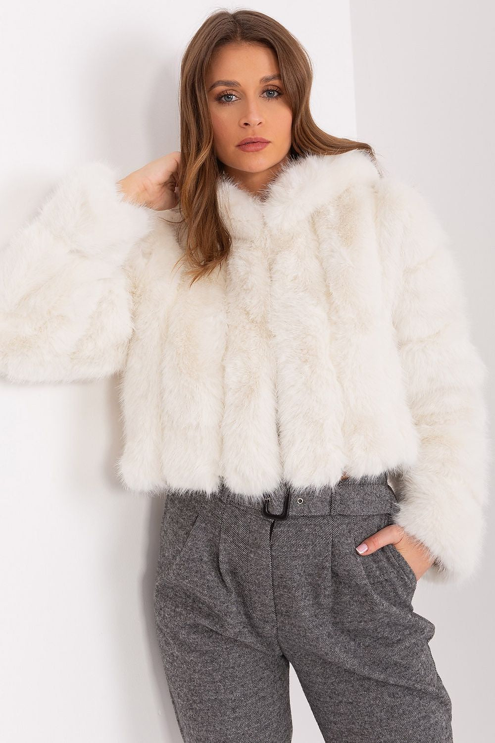 Faux Fur Hooded Jacket Off White