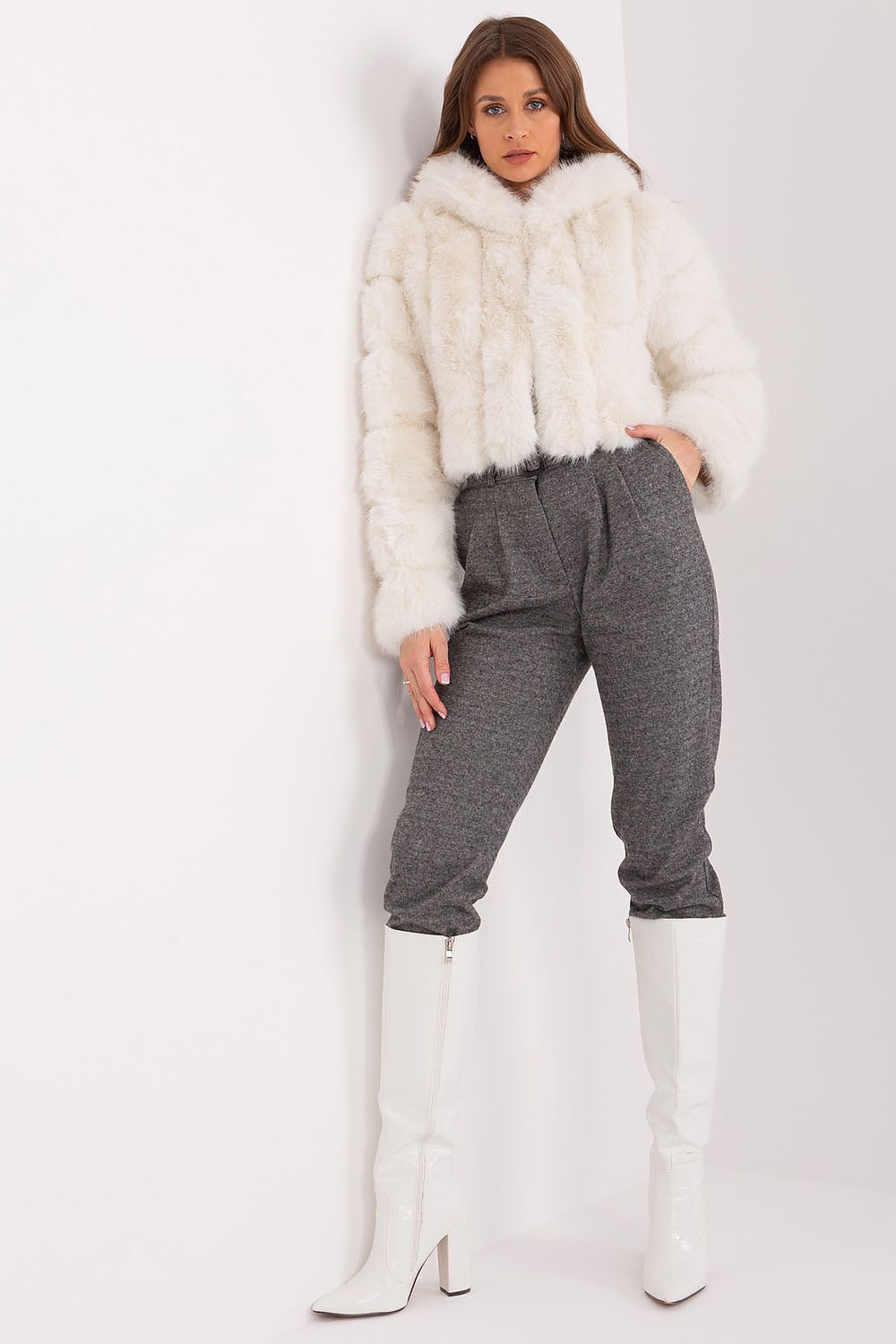 Faux Fur Hooded Jacket Off White