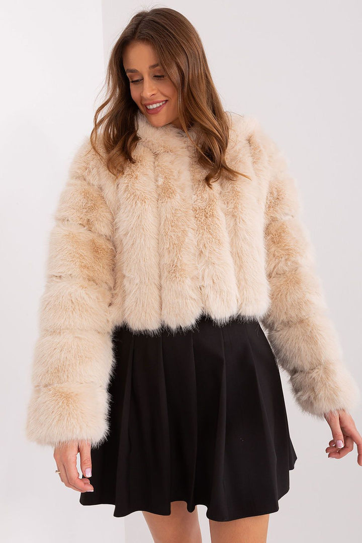 Faux Fur Hooded Jacket Beige