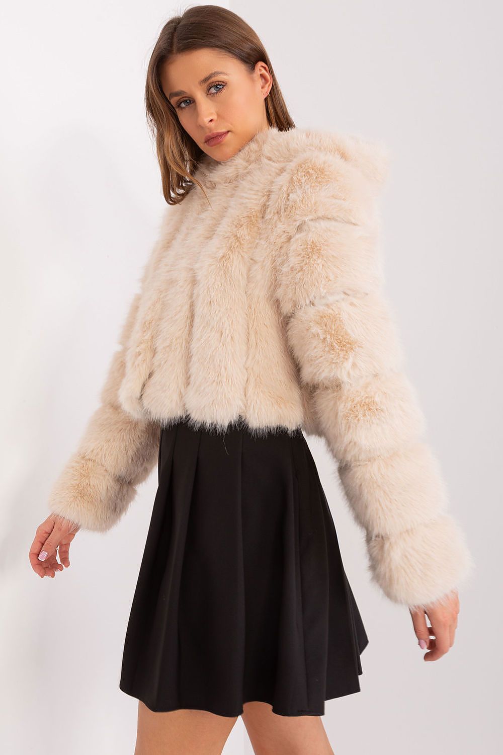 Faux Fur Hooded Jacket Beige