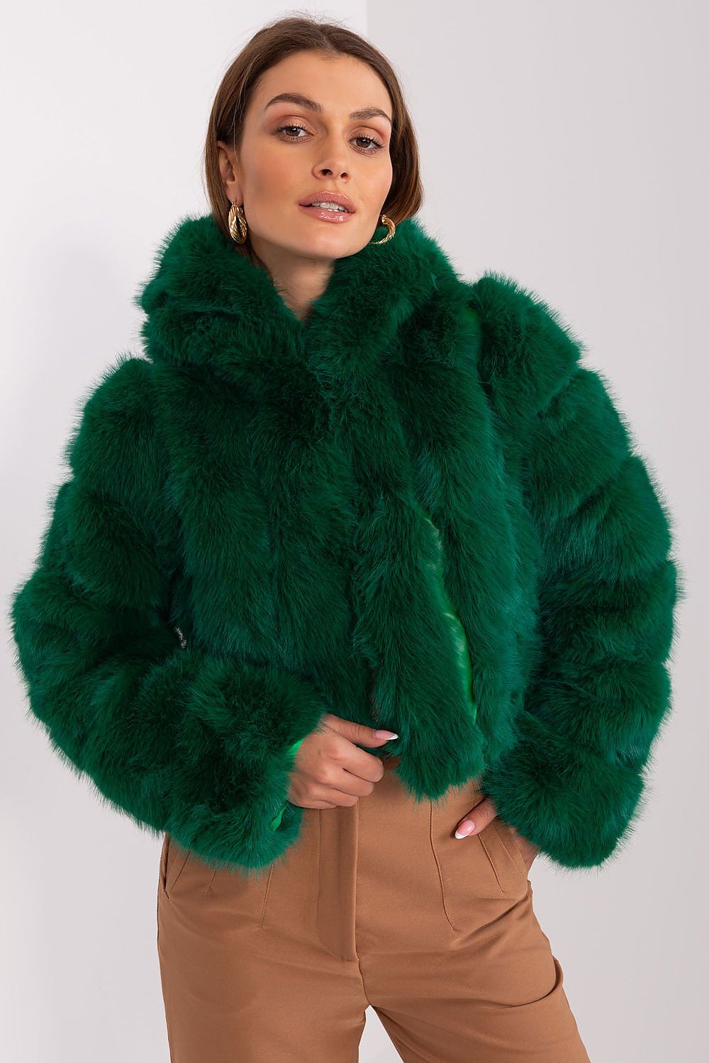 Faux Fur Hooded Jacket Green Forest