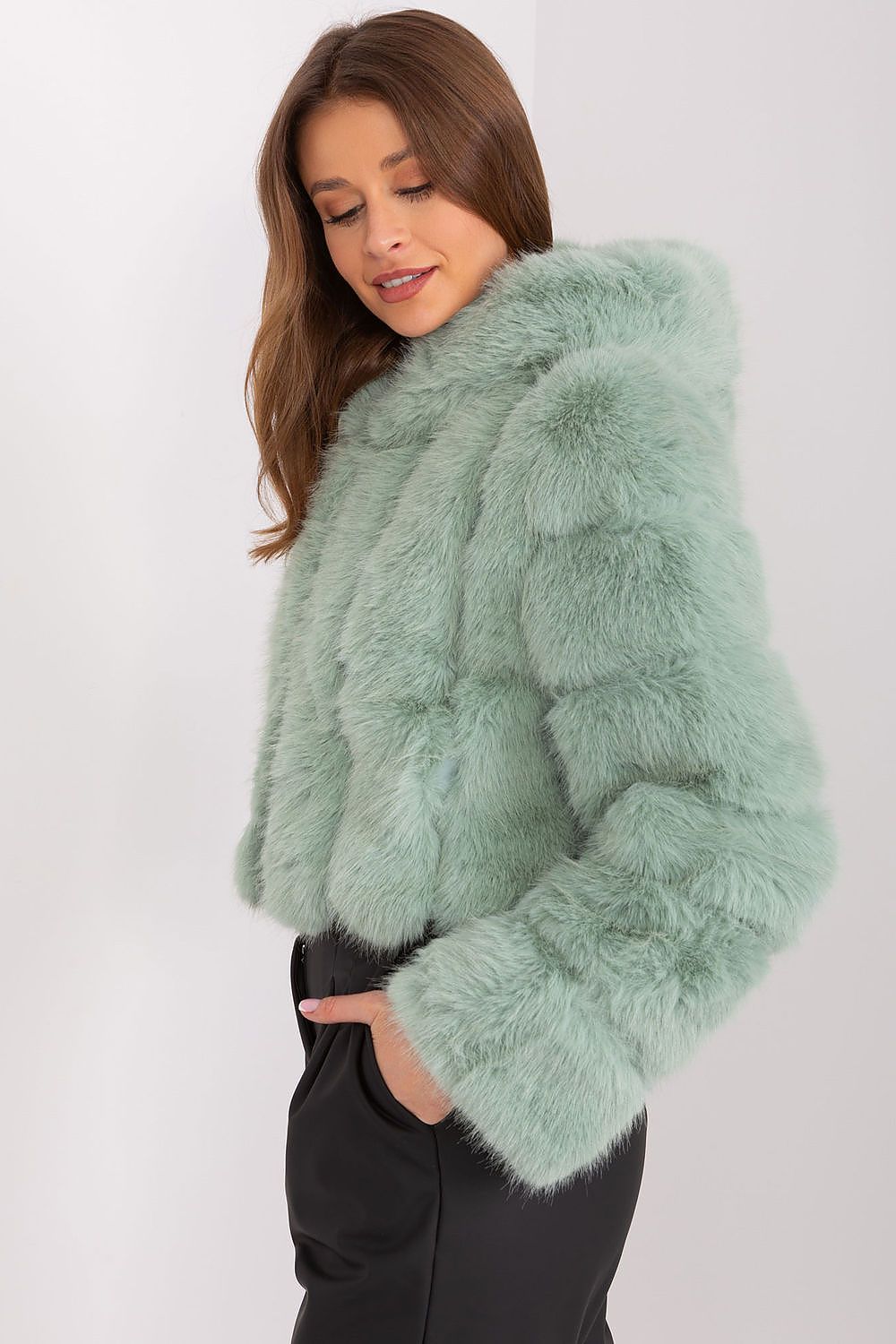 Faux Fur Hooded Jacket Light Green