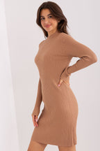 Bodycon Fit Long Sleeve Knitted Dress Taupe