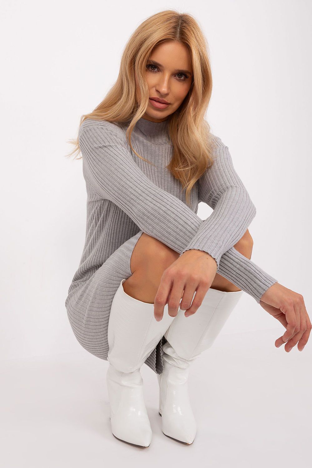 Bodycon Fit Long Sleeve Knitted Dress Grey