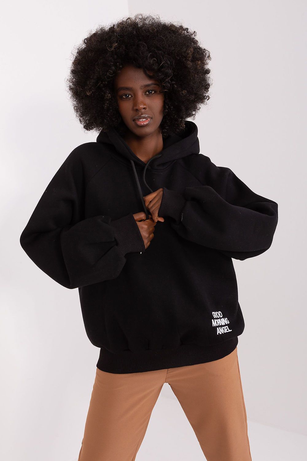 Good Morning Angel Loose Cut Hooded Sweatshirt Black