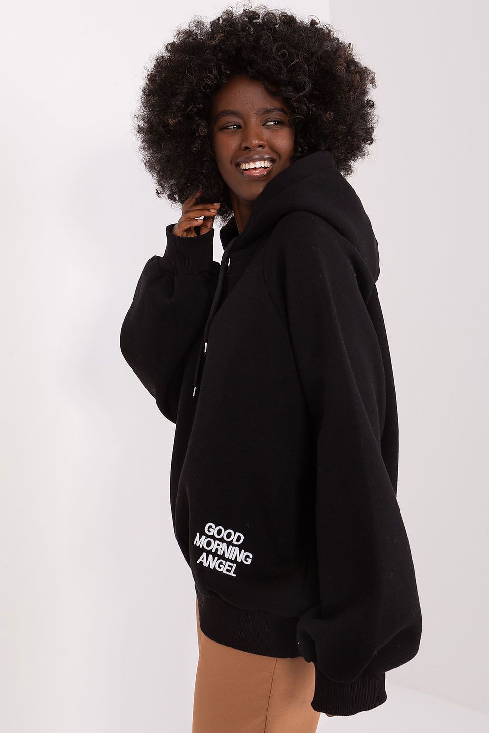 Good Morning Angel Loose Cut Hooded Sweatshirt Black