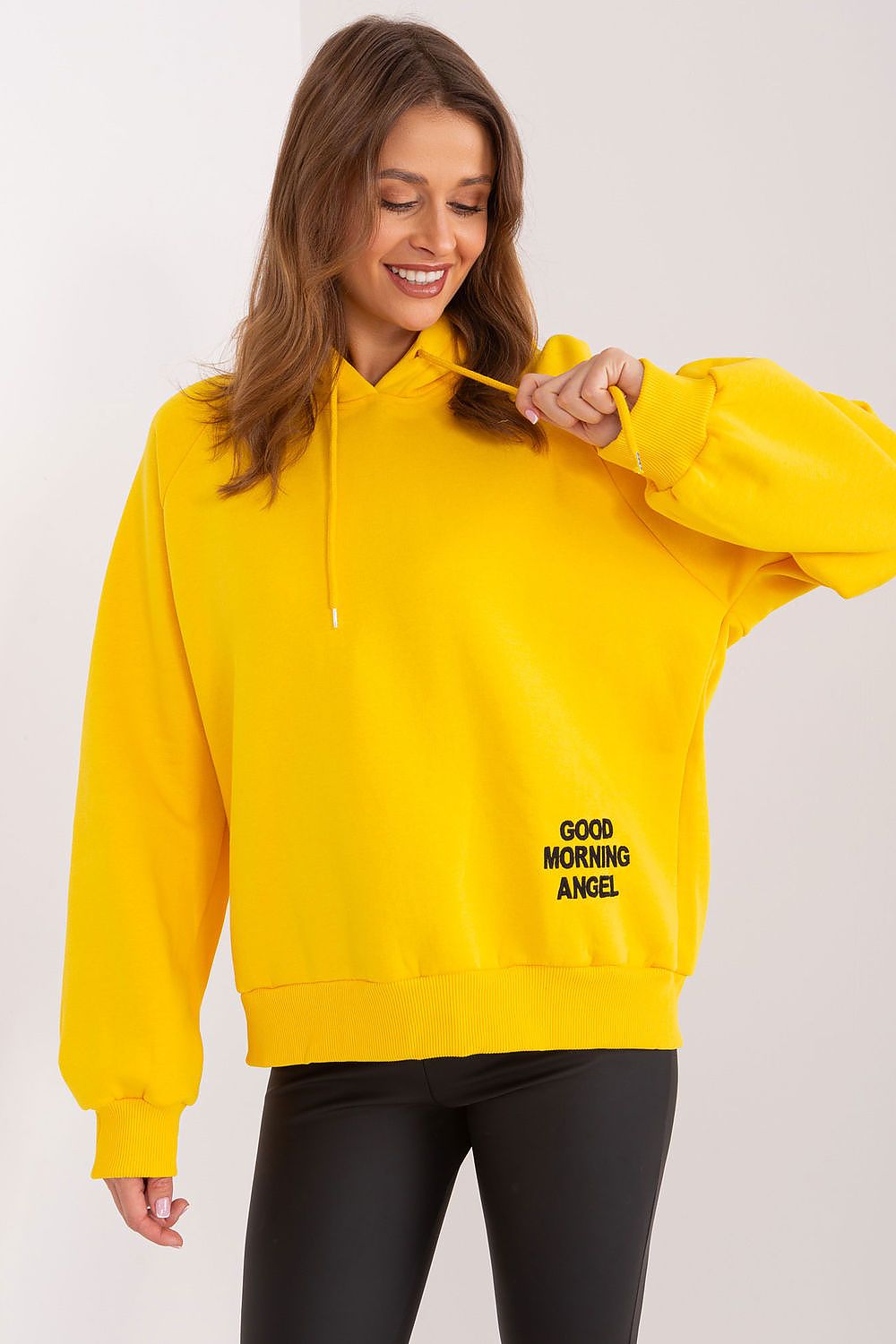 Good Morning Angel Loose Cut Hooded Sweatshirt Yellow