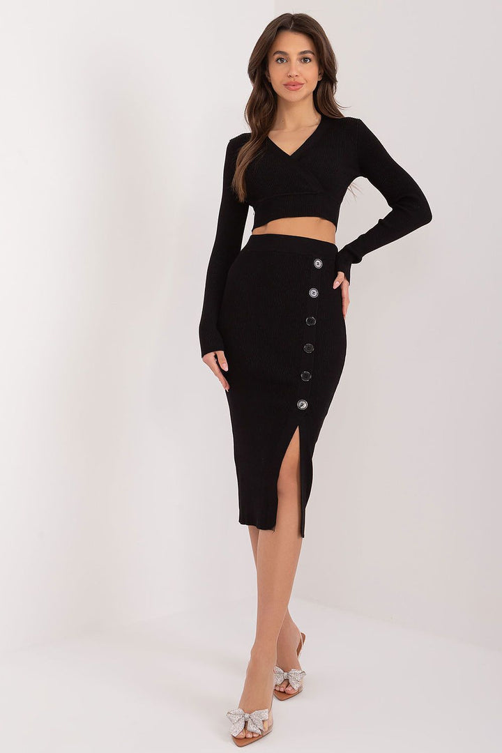 Factory Price Long Sleeve Sweater & Midi Skirt Set Black