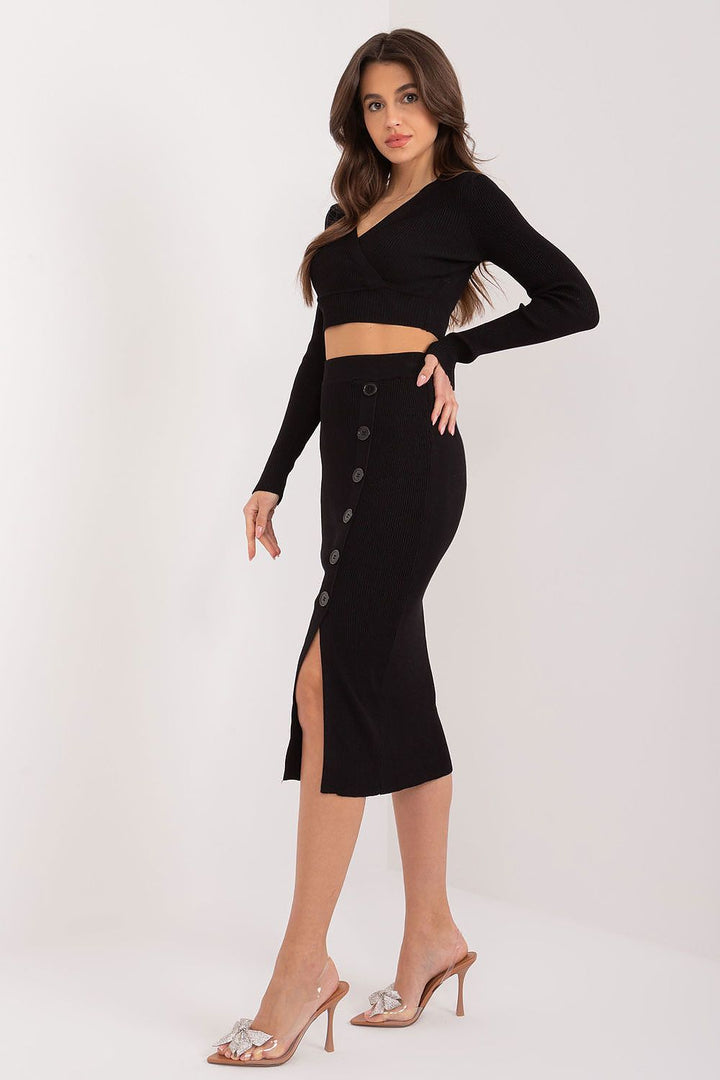 Factory Price Long Sleeve Sweater & Midi Skirt Set Black