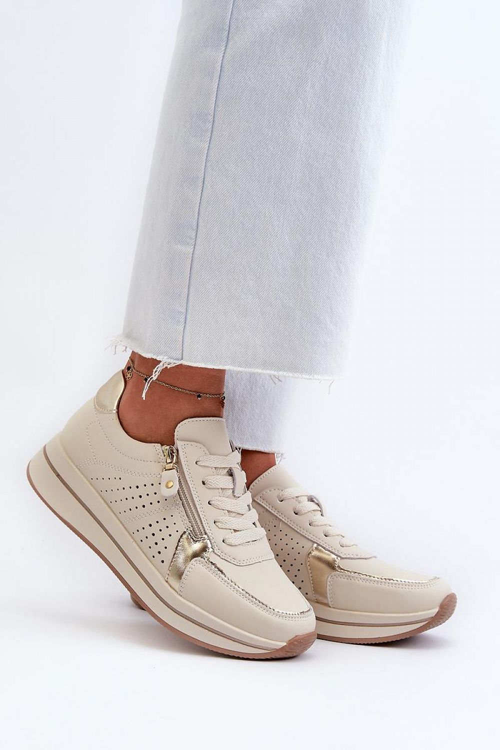 Step In Style Beige Sneakers with Side Zip