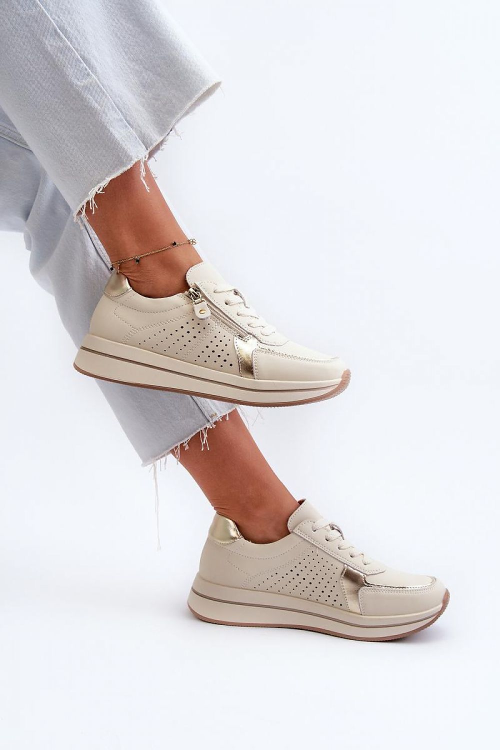 Step In Style Beige Sneakers with Side Zip