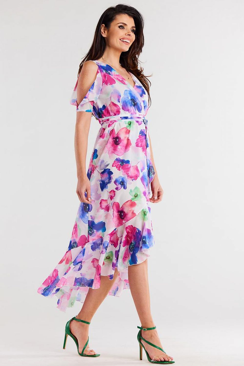 Awama Exposed Shoulder Asymetrical Dress Floral Bloom