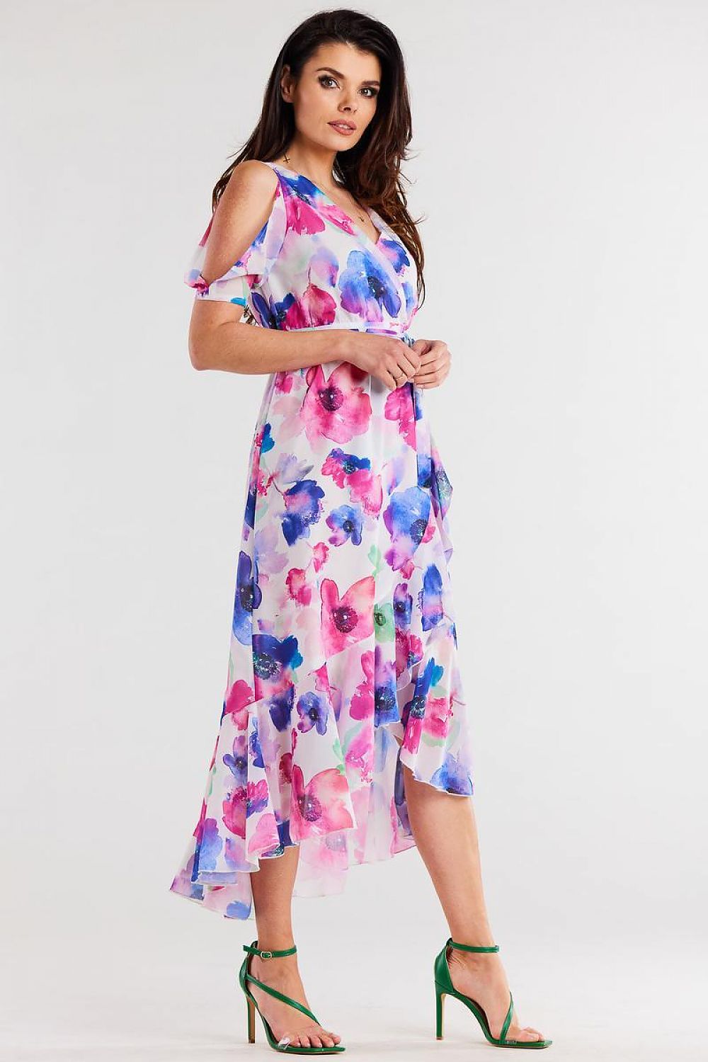 Awama Exposed Shoulder Asymetrical Dress Floral Bloom