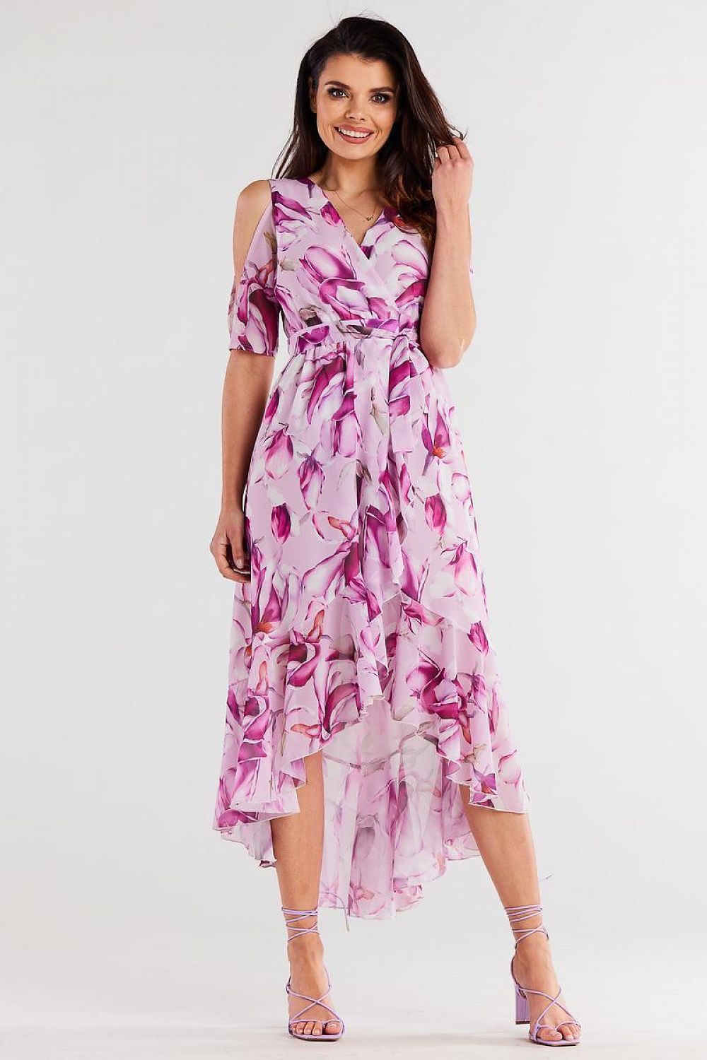 Awama Exposed Shoulder Asymetrical Dress Floral Pink