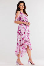 Awama Exposed Shoulder Asymetrical Dress Floral Pink