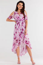 Awama Exposed Shoulder Asymetrical Dress Floral Pink