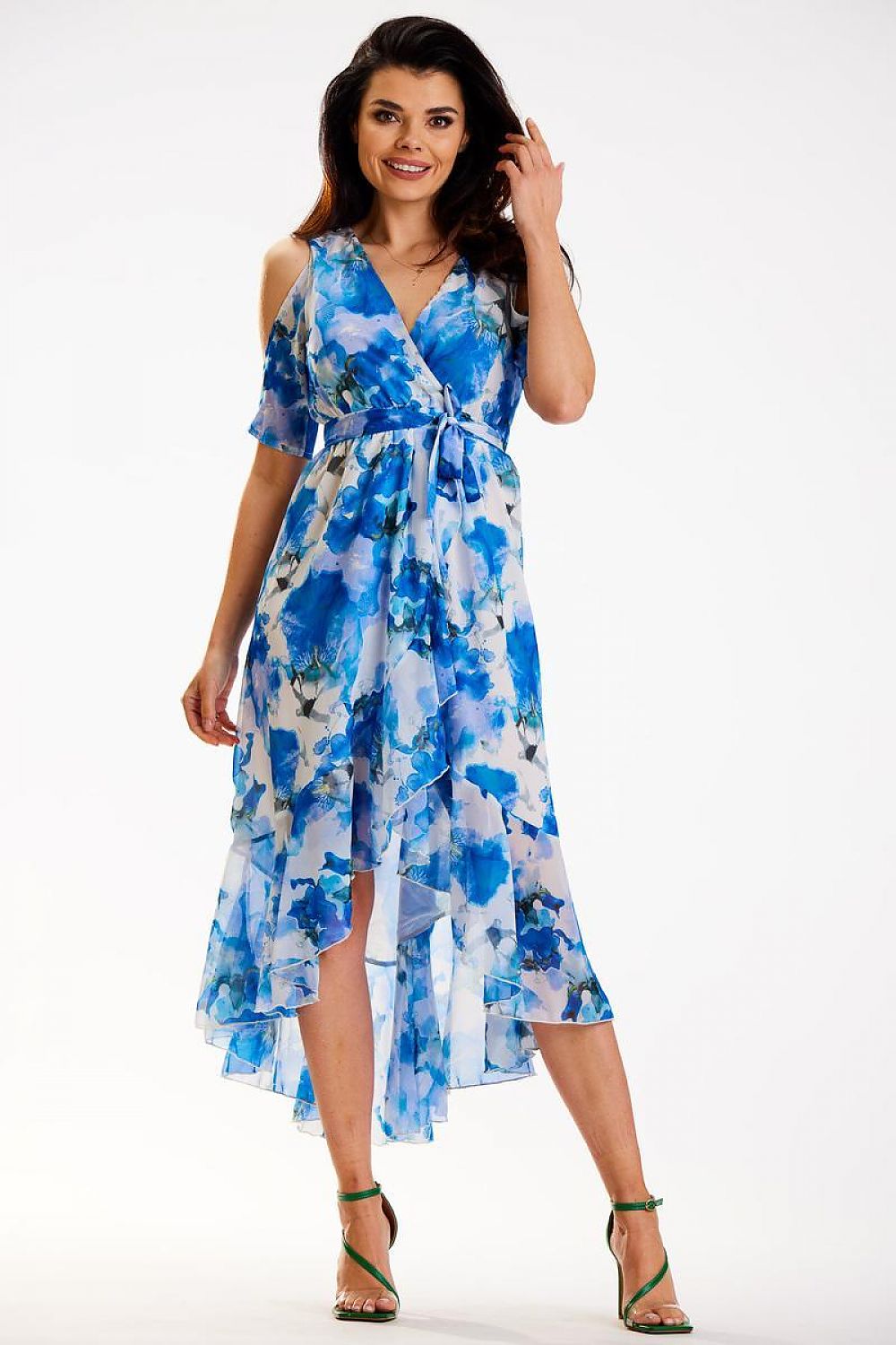 Awama Exposed Shoulder Asymetrical Dress Floral Blue