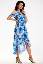 Awama Exposed Shoulder Asymetrical Dress Floral Blue