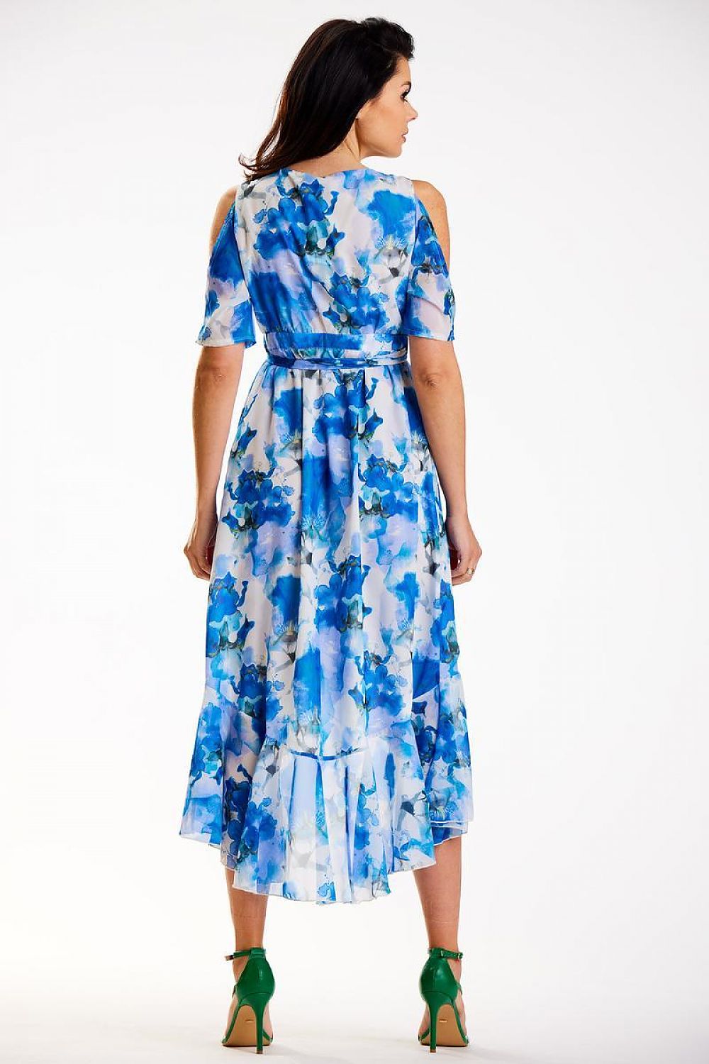 Awama Exposed Shoulder Asymetrical Dress Floral Blue