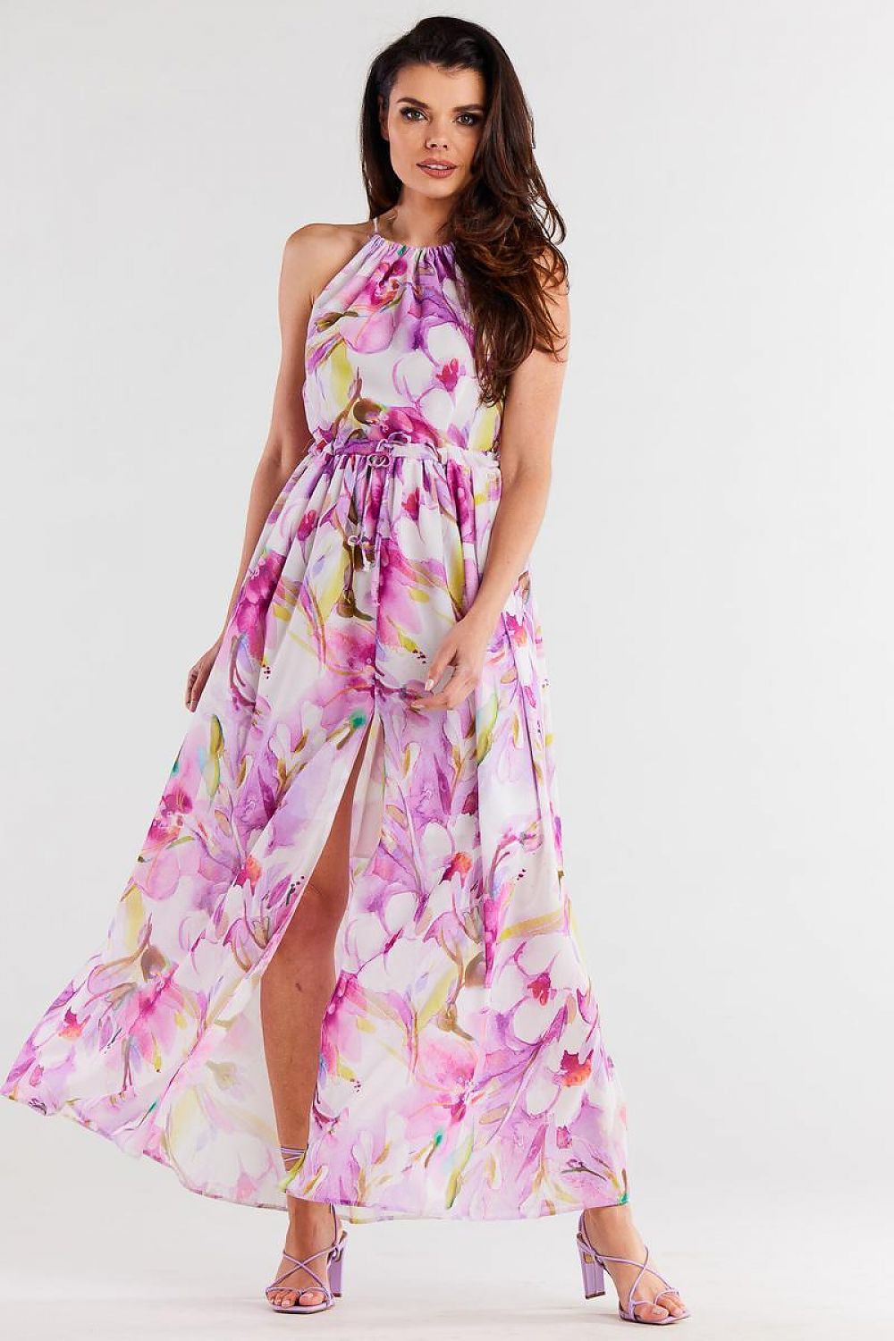 Awama Chiffon Sleeveless Maxi Dress Floral Violet