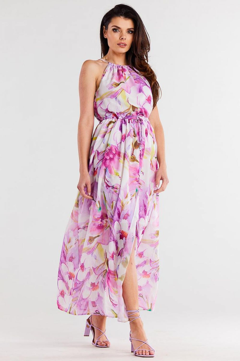 Awama Chiffon Sleeveless Maxi Dress Floral Violet