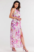 Awama Chiffon Sleeveless Maxi Dress Floral Violet