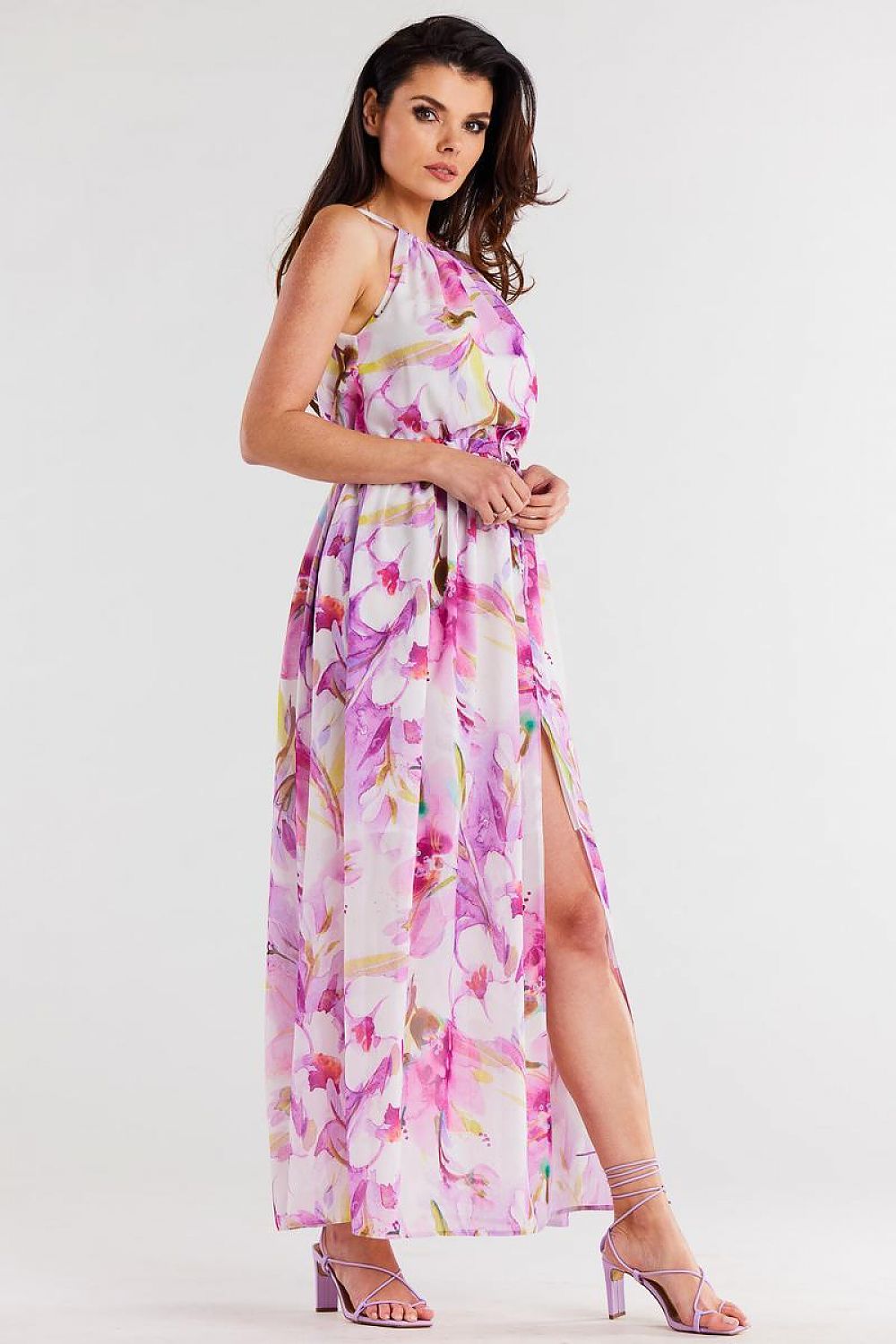 Awama Chiffon Sleeveless Maxi Dress Floral Violet